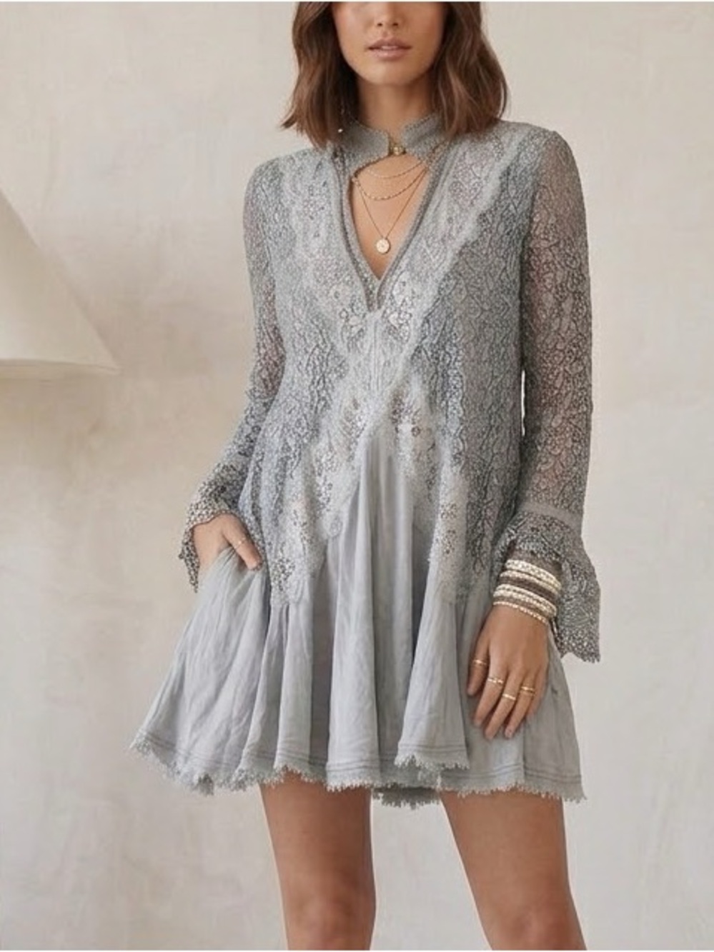 Free People "Tell Tale" Lace Tunic / Dress Slate/Grey, Size Small